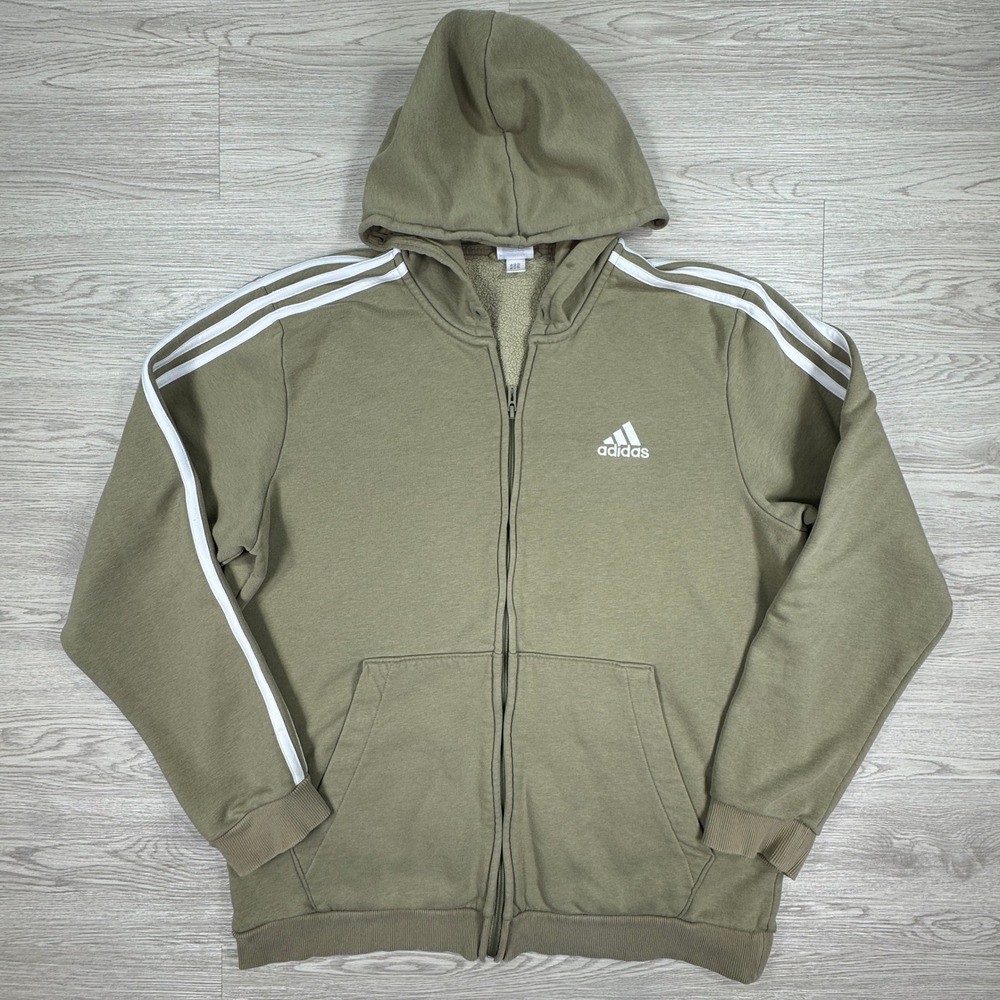 Adidas Mens Hoodie Full Zip 3 Stripe Olive Green XL Fleece Logo Jacket